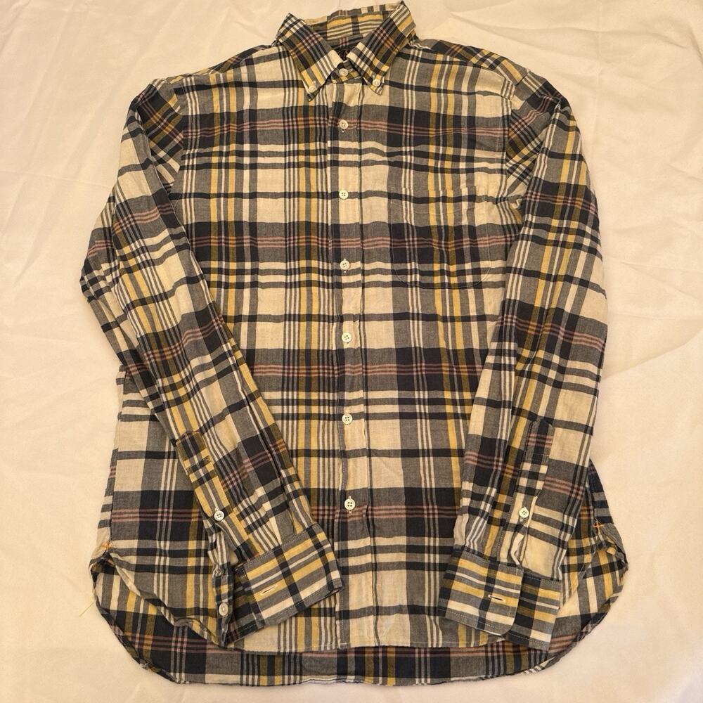 BEAMS Plus Shirt Mens Small Gray Yellow India Madras Canvas Casual Japan